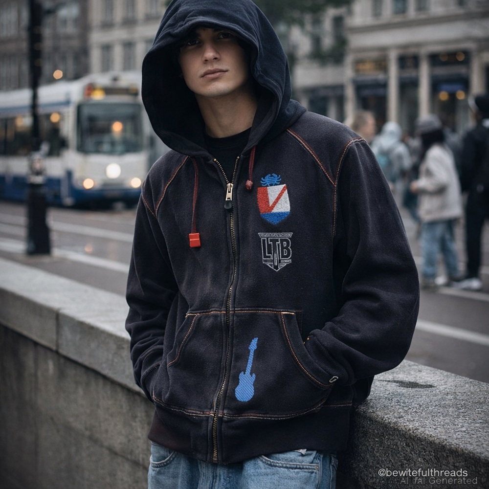 LTB Medium Black Zip Hoodie Crest Guitar Y2K Streetwear